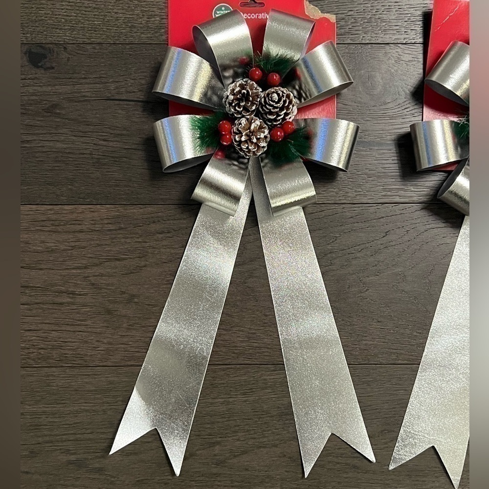 Set of 2 Silver Christmas Decorative Holiday Bows - Picture 3 of 6